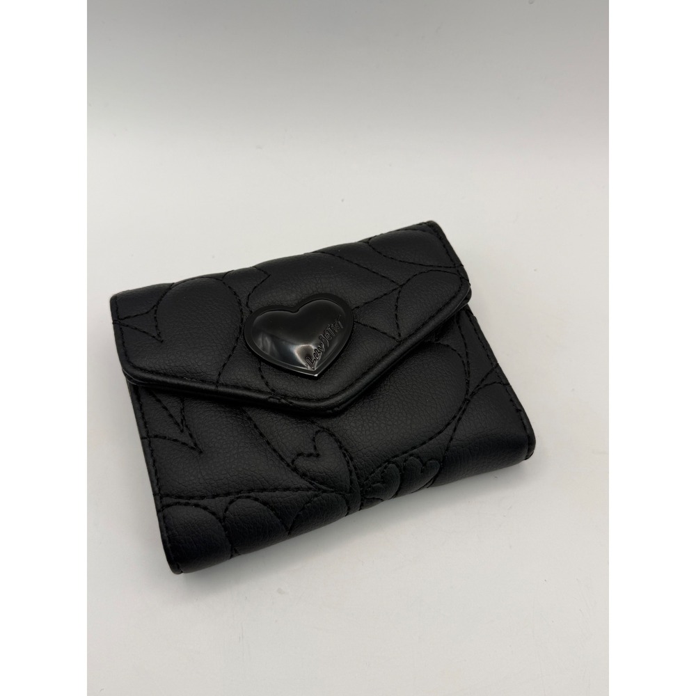 Luv Betsey by Betsey Johnson Black Quilted Heart Trifold Wallet Snap Closure